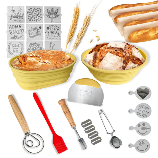 Silicone Proofing Baskets for Sourdough Bread Baking 9 Round & 10 Oval Banneton Proofing Basket Silicone Bread Bowls for Rising and Baking Supplies Kit Sourdough Bread Making Tools Accessories